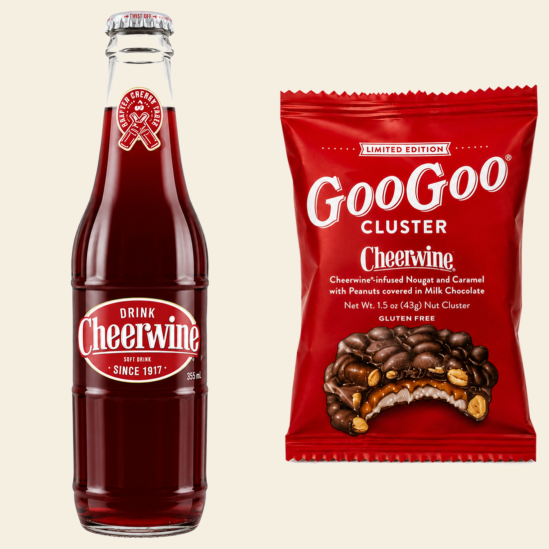 Cheerwine glass bottle next to a Cheerwine Goo Goo Cluster