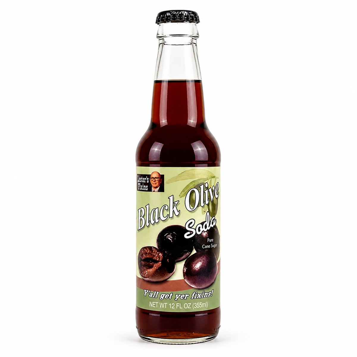 Lester's Fixins Black Olive Soda bottle
